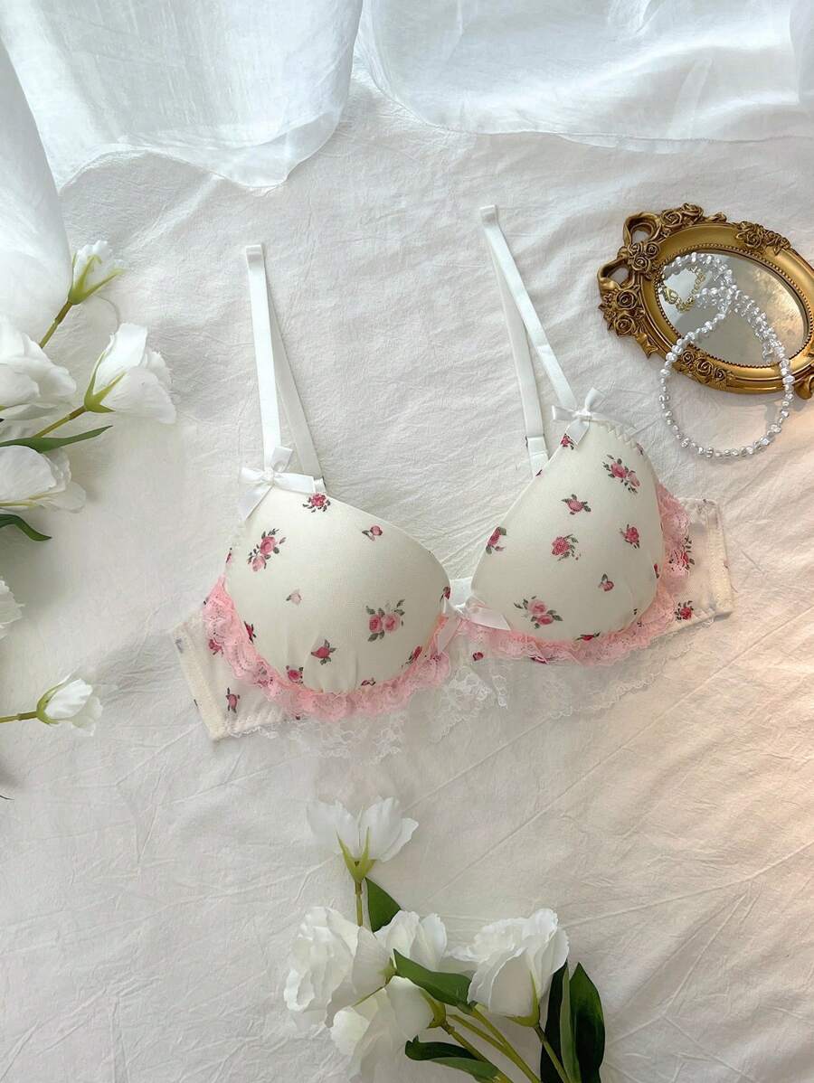 DelicateAllure Sujetador con decoración de lazo, doble capa y orilla en forma de pastel, de malla con estampado floral pequeño, romántico y lindo, estilo kawaii