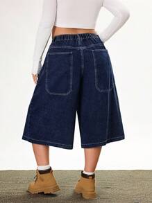 Rivivi Plus Size Women Pocket Patchwork Loose Washed A-Line Wide Leg Jeans