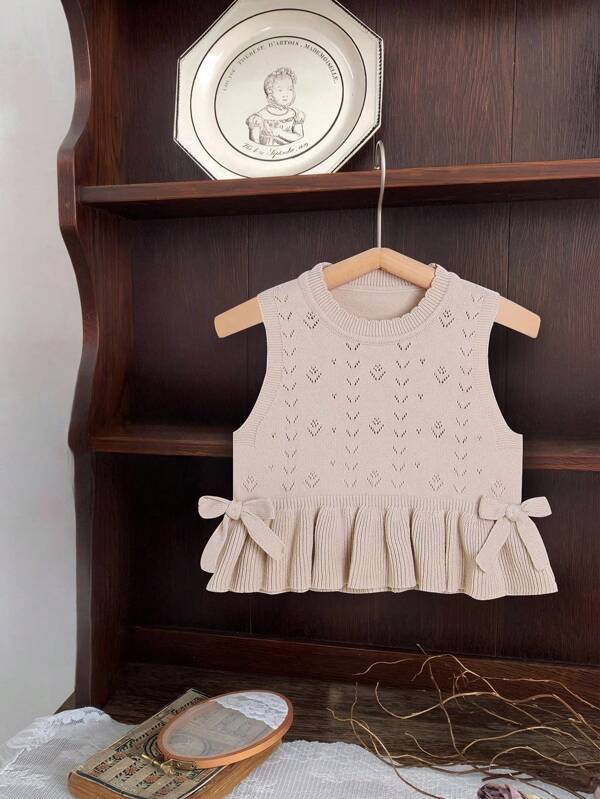 SHEIN Vintaside Kids 1pc Baby Girl Beige Ribbed Knit Vest With Dual Bow Decor, Sweet Princess Style Round Neck Waistcoat Beige Baby Girl Dress Cream Baby Girl Dress Beige Dresses For Baby Girls Baby Girl Knit Dress Toddler Girl Knit Dress,Kids Cotton Sweater,Baby Girls Cotton Sweater,Baby Girls Cotton Knitwear,Baby Girls Cotton Clothes