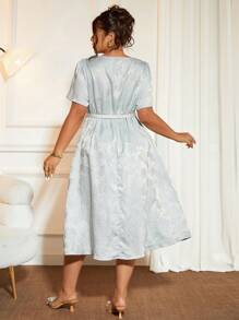 Cravure Plus Size Women Romantic Elegant Embroidered Square Neck Puff Sleeve A-Line Dress, For Dates And Commuting - Blue - View 2