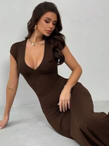 Firerie Festival Valentine's Day New Women's Elegant Sexy Versatile Bodycon Slimming Black Maxi Dress, Deep V-Neck, Caped Sleeve, Belted Waist Design - Coffee - View 4