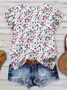 Plus Size Ruffle Sleeve Ditsy Floral Casual Vacation Shirt - Pink - View 2