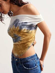 Bohemela Boho Indie Tie-Dye Oblique Collar Fitted Asymmetric Hem Women Casual Tee