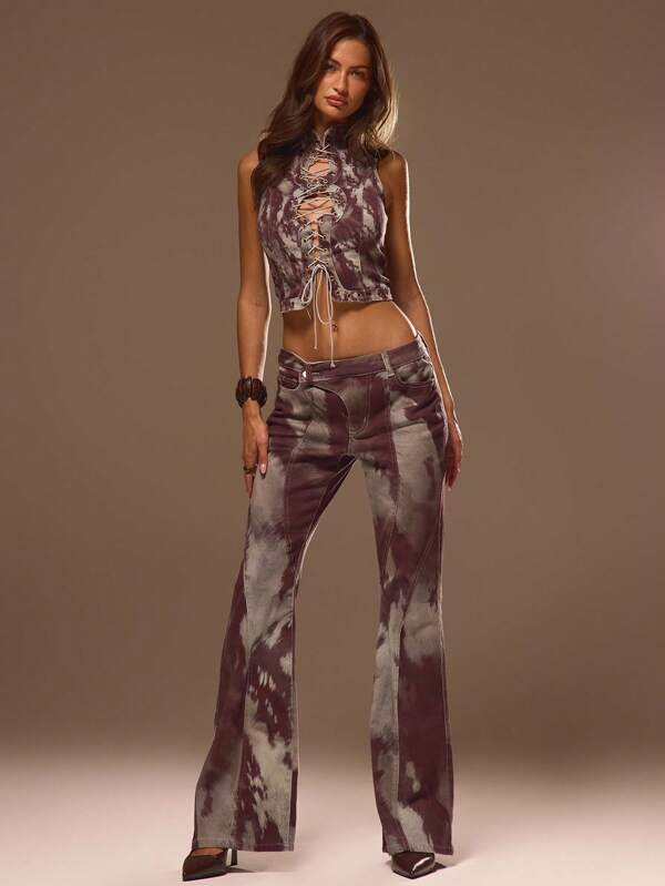 MUSERA Cow Print Mid Rise Denim Overlap Button Flared Jeans Sexy Boho Cute Festival Ibiza