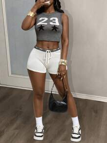 Slaydiva 2 Pieces Set Sexy European & American Numeric Star Pattern Cropped Knit Tank Top And Retro Color Block Five-Pointed Star Knit Shorts, Tie Front Waist, Casual & Slimming In Fall/Winter - Multicolor - View 7