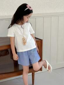 Dazy Kids 女孩夏季休闲白色T恤和条纹短裤套装，时尚街头风格 - 藍白色 - 查看 6