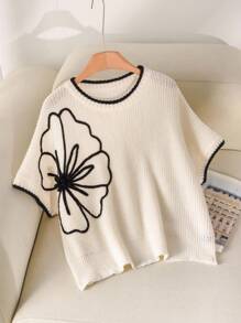 CosyJoli Plus Size Casual 3D Manual Flower Contrast Color Batwing Sleeve Round Neck Loose Pullover Sweater In Fall/Winter - Apricot - View 6