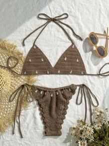 Swim Vcay 2pcs/Set Women Holiday Beach Rhinestone Decor Halter Top & Side Tie Bottom, Coverup Set For Summer Beach Vacation - Brown - View 5