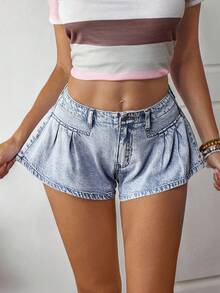 SHEIN ICON Women's Pleated Casual Low Waist Wide Leg Denim Shorts - Light Wash - View 3