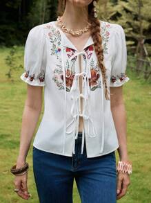 Florisole Women's Summer Wear Bohemian Holiday Style Floral Print Tie Front Bowknot Short Sleeve Blouse - White - View 4