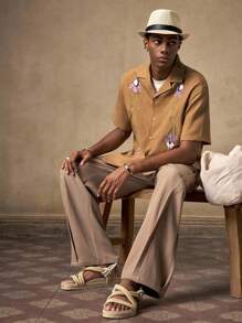 AKNOTIC Business Casual Camisa polo de manga corta casual de corte slim con bordado floral en caqui, adecuada para verano, otoño, vacaciones, uso diario, fiestas, parejas, regalo para hombres