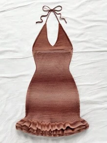 Soleia Coffee Brown Autumn Boho Vacation Holiday,Elegant Tropical Ombre Halter Neck Ruffle Knit Mini Dress,Beach Wedding Guest Graduation Brunch Attire - Multicolor - View 2