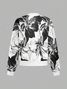 EMERY ROSE Women's Floral Print Long Sleeve Zipper Collar Baseball Jacket Fall Winter Cloth For Women - Black and White - View 2