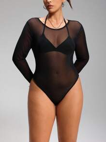 LYSMO Plus Size Sexy Mesh Sheer Long Sleeve Black Bodysuit - Black - View 4