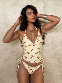 Swim Glamine Cherry Plaid Bandeau Bikini Set, Sweet Summer Style - Yellow - View 3