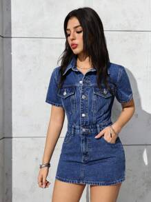 SHEIN PETITE 女式夏季短袖单排扣休闲牛仔连衣裙 - 藍色 - 查看 5