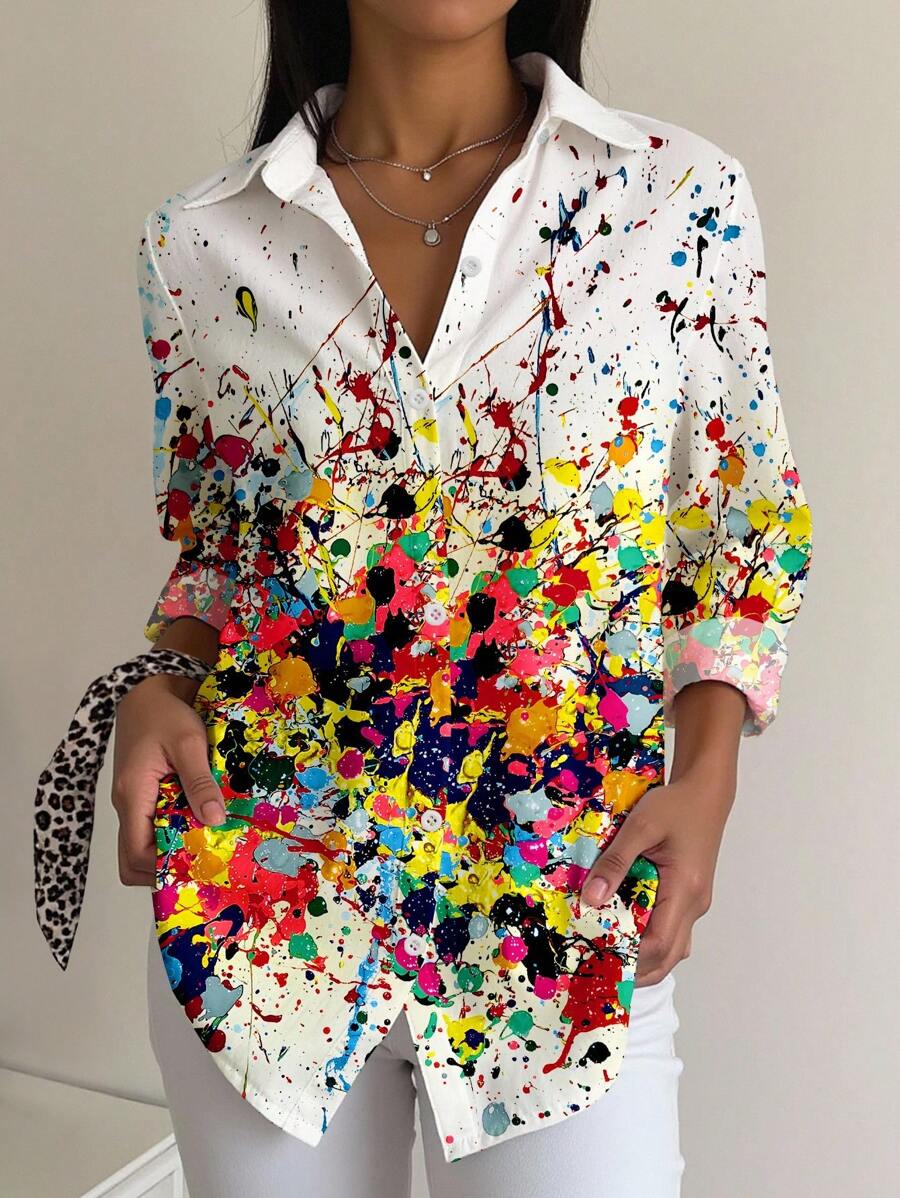 INAWLY Splash Ink Print Design Women Buttoned Shirt - Multicolor - View 1