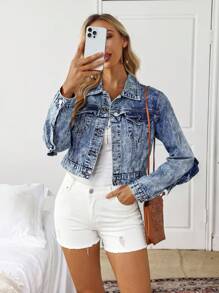 EMERY ROSE Women Ruffle Trim Button Up Casual Denim Jacket With Long Sleeves - Blue - View 6