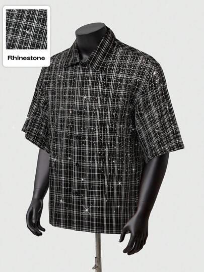 Grunge Punk قميص مربعات بنقش حرفي إنجليزي مطبوع وتطريز تدرج للرجال