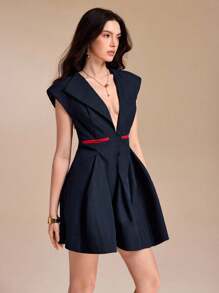 NAJILARAQUELDESIGNS 无袖 V 领垫肩褶皱迷你连衣裙，撞色红色衬里，女士休闲海军蓝连衣裙，翻领连衣裙，深 V 领连衣裙，修身喇叭裙，西装外套，商务装，秋季服装