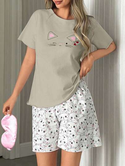 EURMUSE Femmes 2 pièces Ensemble pyjama mignon avec imprimé chat à manches courtes et shorts avec motif chat, tenue d'intérieur