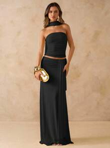 SHEIN BAE 两件套：纯色褶皱紧身胸衣短款上衣和低腰褶皱雪纺长裙，适合海滩度假，露背波西米亚连衣裙，适合夏季，女士音乐会服装，伴娘两件套 - 黑色 - 查看 3