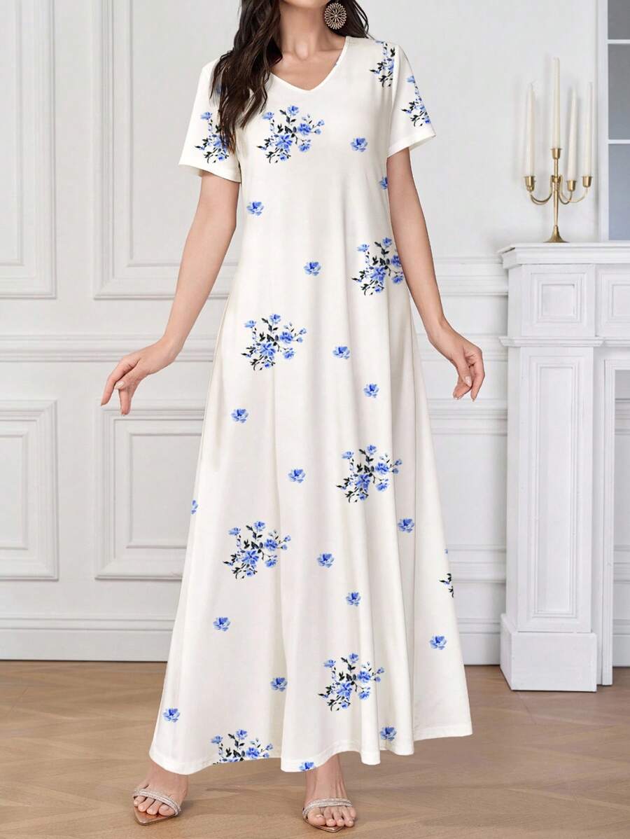 Modelyn 女士优雅花卉印花长裙，夏季 - 藍色 - 查看 1