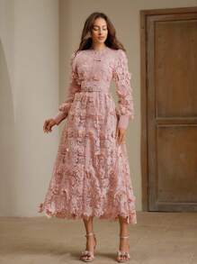 Anewsta Women's Elegant Round Neck 3D Floral Print Dress - Pink - View 6