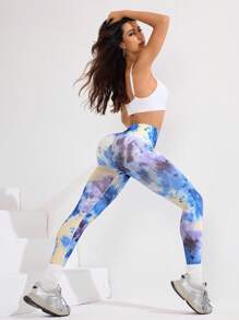SHEIN Sports Quần legging in họa tiết tie-dye cạp cao không đường may, quần tập luyện thời trang - Nhiều màu - Xem 5