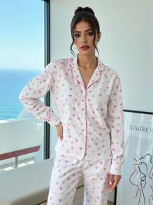 SHEIN 2件套女士简约爱心印花长袖上衣和裤子家居服睡衣套装，秋冬服装 - 粉色 - 查看 6