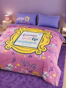 FRIENDS X SHEIN Juego de ropa de cama de 3 piezas, Funda nórdica con diseño de marco de fotos, Suave y acogedor, Cálido y lavable, Apto para camas individuales, queen y king.