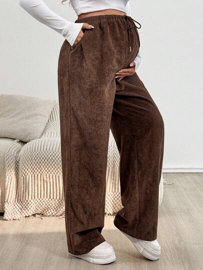 SHEIN 孕妇纯色抽绳腰口袋阔腿裤