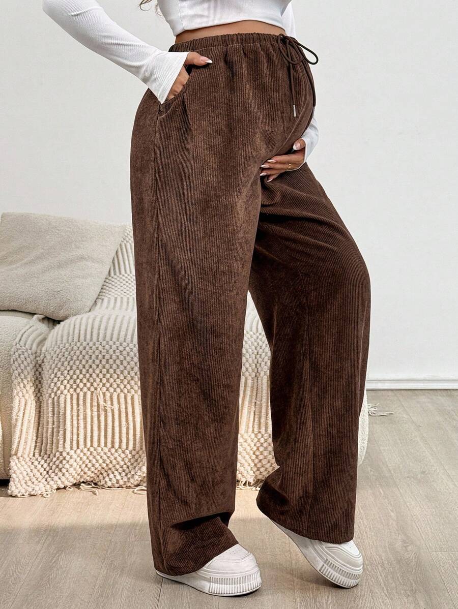 SHEIN Autumn And Winter Casual Maternity  Pants Pregnant Women Solid Color Drawstring Waist Pockets Wide Leg Pants - Brown - View 1