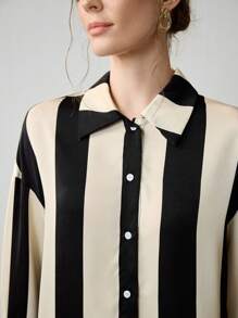 Uhlyne White Blouse,Business Casual,Work Wear Women,Office Outfits,Teacher Outfits For Women Collared Long Sleeve Striped Print Elegant Commuting Minimalist Women Shirt Fall Cloth For Women - Black - View 2