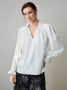 Uhlyne Women's Business Casual Blouse, Minimalist Office Wear, Loose Fit Comfortable Pullover Shirt With Flared Cuffs, Long Sleeve, Pure White - White - View 5