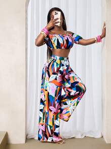 BamGleam Set 2 bucăți/set pentru femei, vară, casual, vacanță, culori contrastante, imprimeu botanic, mâneci bufante, camisol cu umăr gol și pantaloni largi, îmbrăcăminte de vară pentru femei, ținută de vacanță relaxată