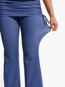 SHEIN ICON 女式浅蓝色破洞绑带牛仔裤，弹力紧身版型，四季皆宜 - 藍色 - 查看 7