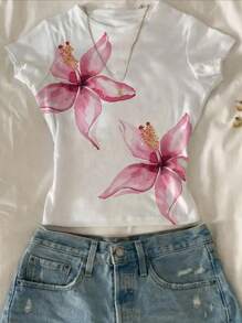 Attitoon 大码女式休闲圆领短袖修身T恤，印花图案，适合夏季、海滩度假和日常穿着，也适合外出、返校和度假穿着。 - 彩色 - 查看 1