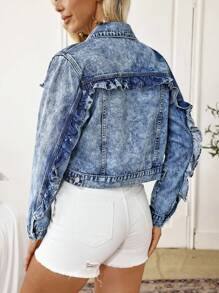 EMERY ROSE Women Ruffle Trim Button Up Casual Denim Jacket With Long Sleeves - Blue - View 1