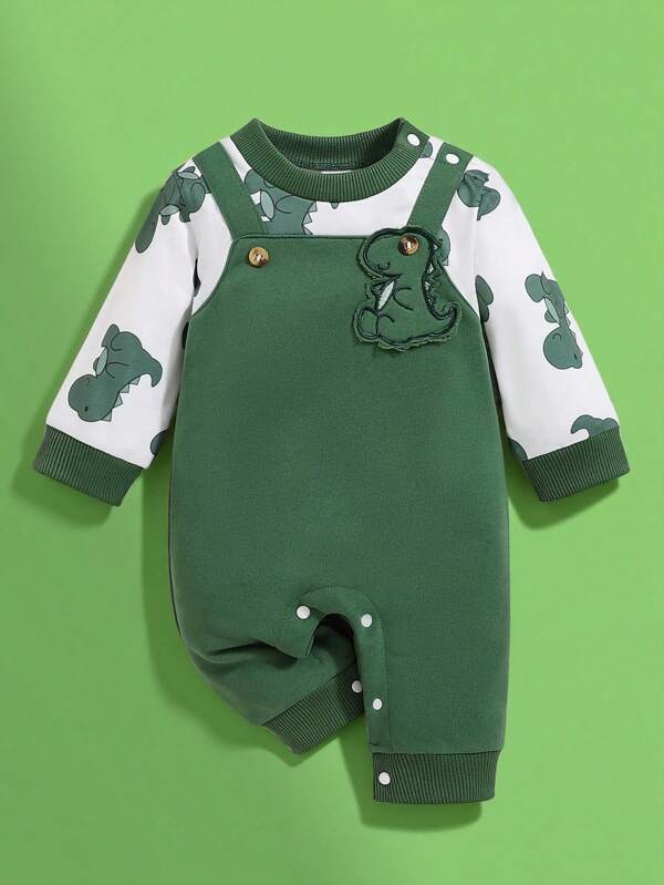 SHEIN Persoplay Kids Combinaison à manches longues pour bébé garçon, style décontracté et mignon avec broderie de dinosaure et couleurs contrastées, pour l'automne