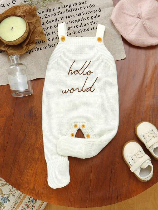White Knit Romper For Infants, Letter Embroidery, Newborn Footies, Casual Versatile Design Hello World Newborn Outfit Newborn Clothes Unisex Baby Going Home Outfit Natural Baby Clothes New Born Neutral Baby Clothes Unisex