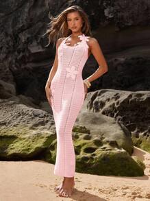 SHEIN BAE Vacation Style Sexy See-Through Knitted Women Dress