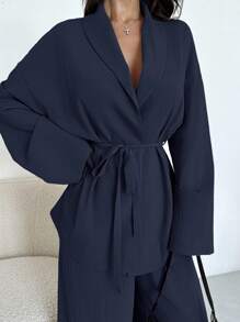 Firerie Women's Elegant Casual Vacation Commute Office Turndown Collar Belted Loose Shacket And High Waist Casual Wide Leg Pants, Suitable For Autumn & Summer - Navy Blue - View 4