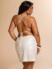 SHEIN BAE 女式加大码细肩带后系带亮片装饰休闲上衣，全新春夏系列 - 米色 - 查看 6