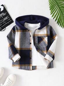 SHEIN Vintaside Kids Young Boy Plaid Pattern Hooded Casual Shacket, Spring Autumn