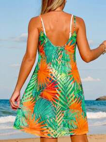SHEIN Beach Vacation Outfits: Women Tropical Plant Print Spaghetti Strap Dress & Cover Up