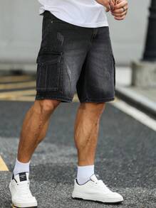 Manfinity Homme 男士实用口袋休闲百搭牛仔短裤 男士黑色牛仔工装短裤 - 黑色 - 查看 4