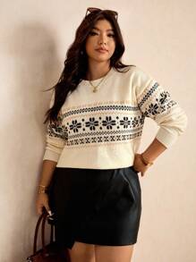 Elaquor Suéter de punto con patrón geométrico, informal para otoño/invierno, talla grande - Multicolor - Ver 6