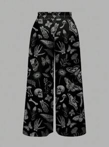 ROMWE Goth Pantalones anchos y sueltos de talla grande para mujer con estampado completo de calavera gótica, palacio oscuro, polilla, planta, mariposa y hoja de seta, para Halloween