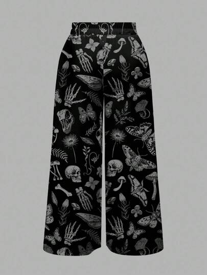 Goth Plus Size Women Mysterious Witch Gothic Palace Dark Skull Moth Plant Floral Butterfly Mushroom Leaf Allover Print Loose Wide Leg Pants
